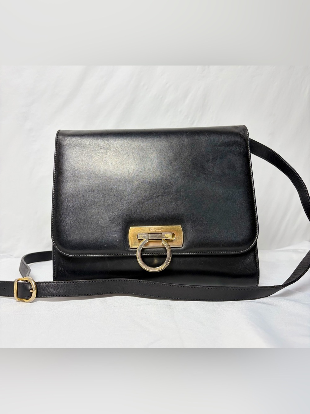Vintage Salvatore Ferragamo Black Leather Gancini Bag – Made in Italy